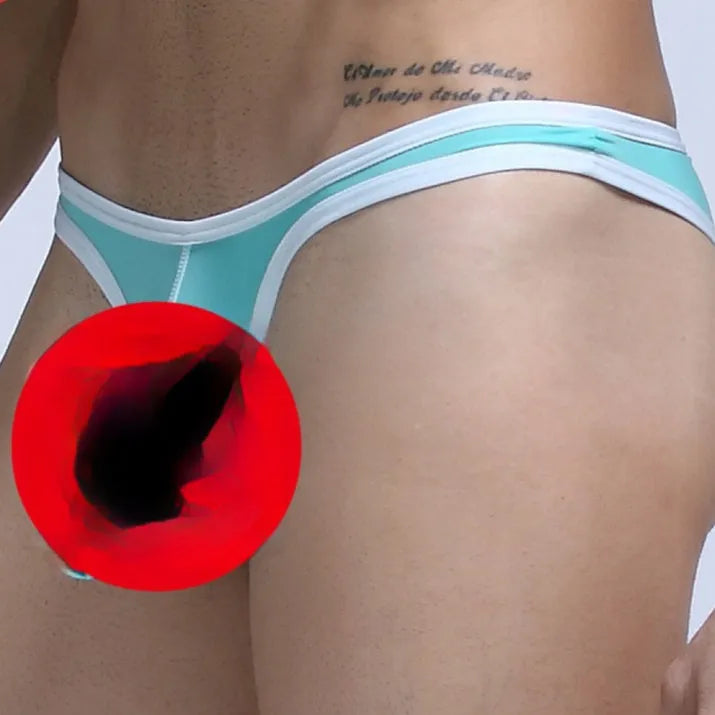 Men's Ice Silk Elephant Nose briefs shown in multiple colours including army green, black, and skin colour.