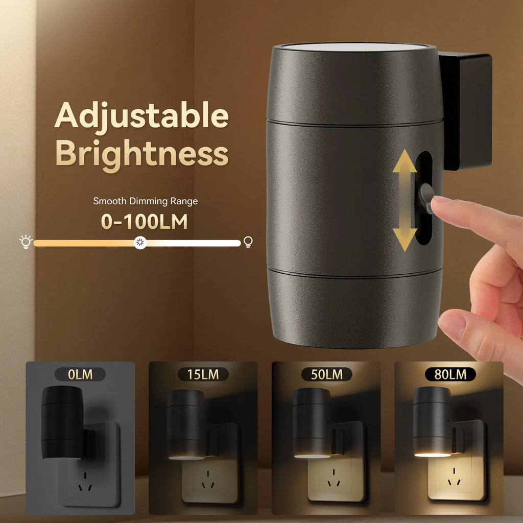 Small white plug-in night lamp with adjustable brightness control and rotatable light head