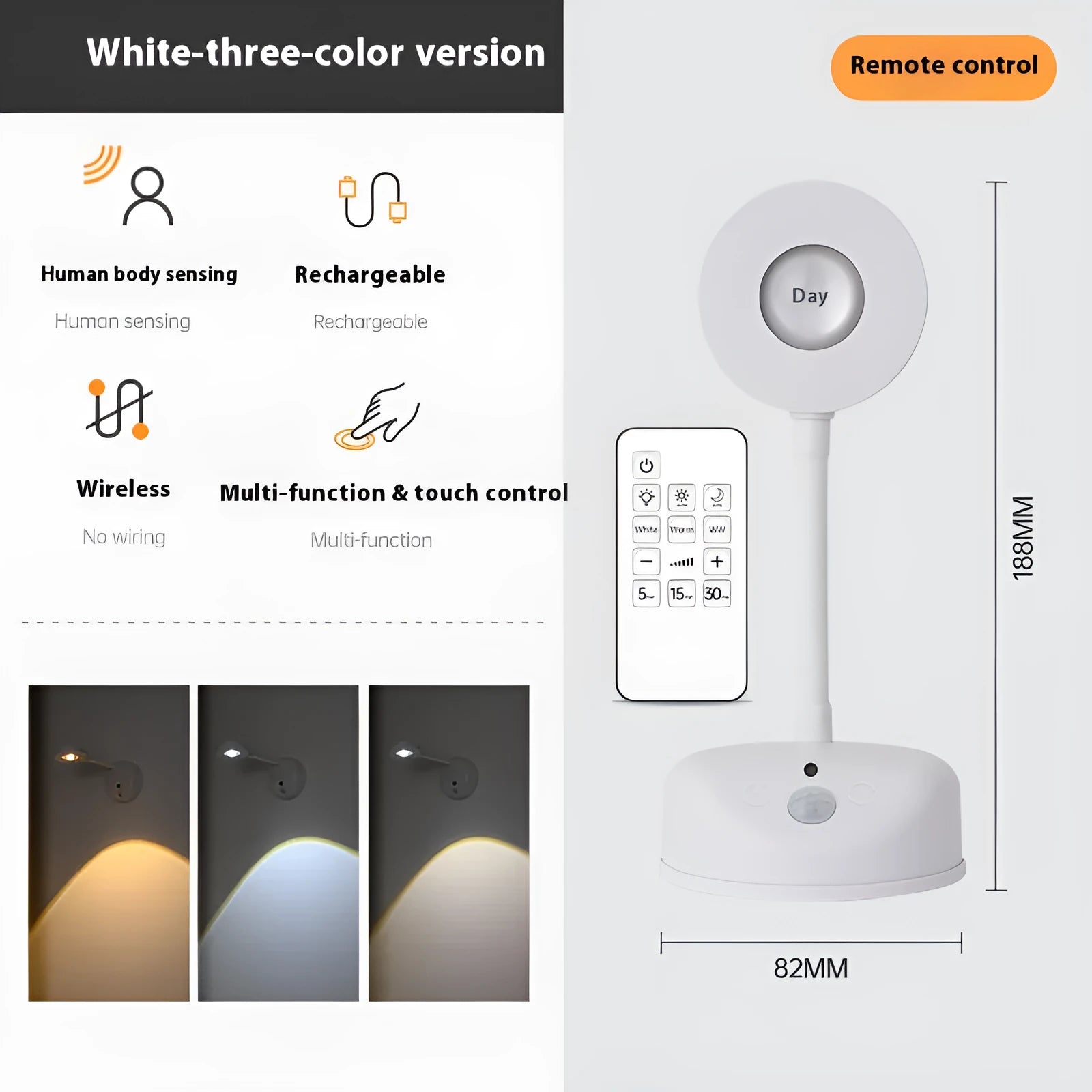 Rechargeable geometric wall lamp in black or white with remote control