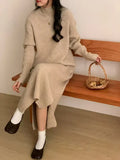 Acrylic half turtleneck long sleeve knit dress in a knee-length midi style, shown in a neutral colour.