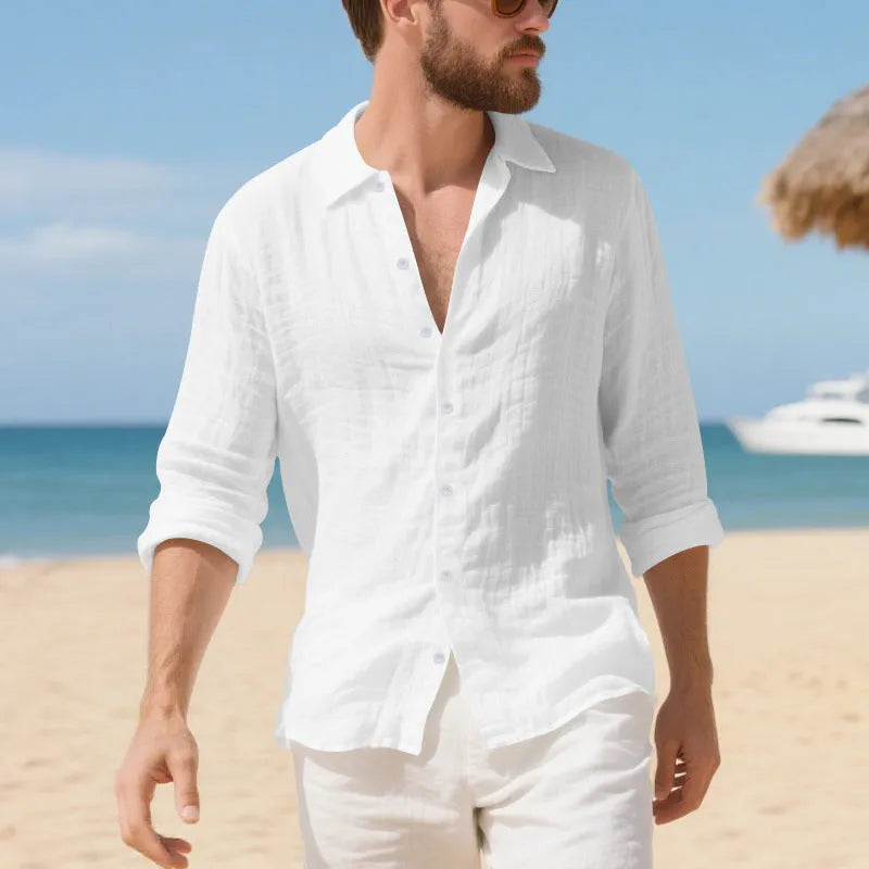 Men's linen Hawaiian casual shirt in loose American style fit with non-ironing processing