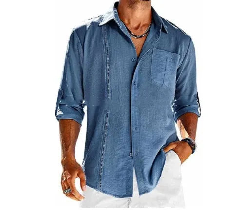 Men's grey long sleeve casual shirt with a polo collar and a white lace detail on the chest pocket.