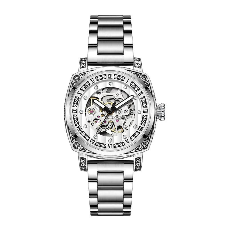 Mechanical watch with luminous hands on a leather strap, stainless steel case, shown in black colour.