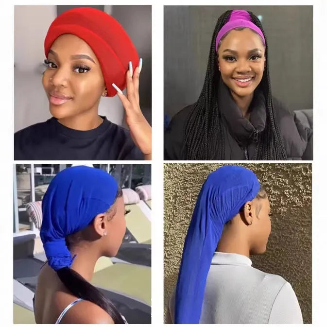 High elasticity spandex mesh wig cap in oversleeve style, shown in multiple colour options.