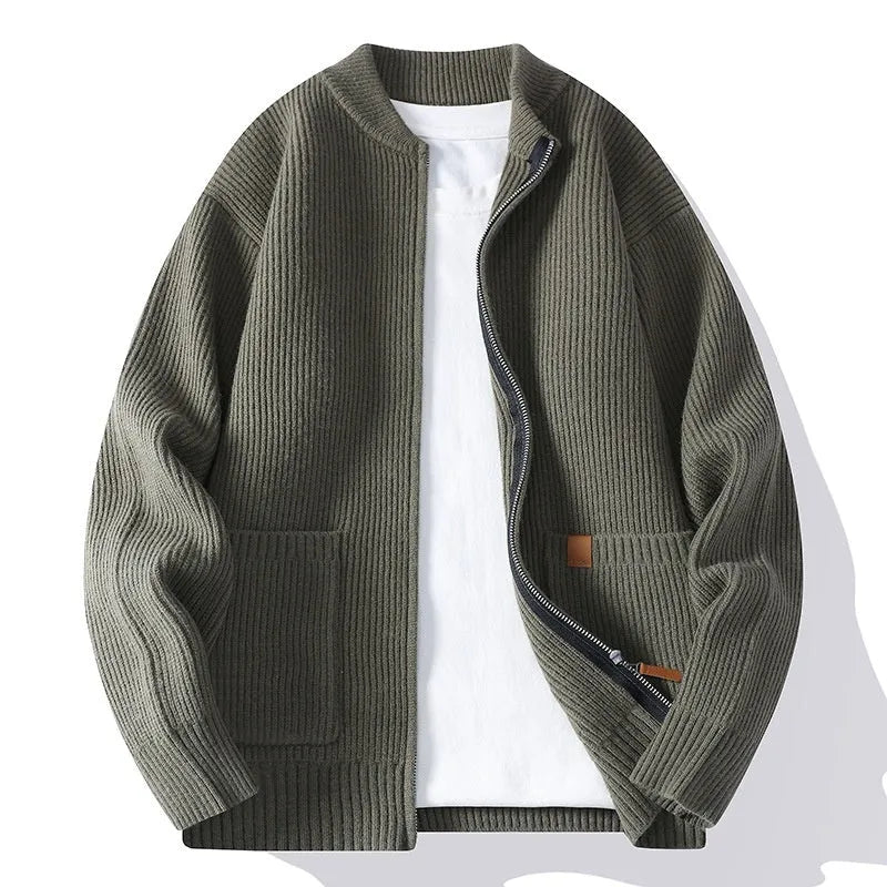 Men's striped cardigan jacket in a straight fit, shown in beige colour.