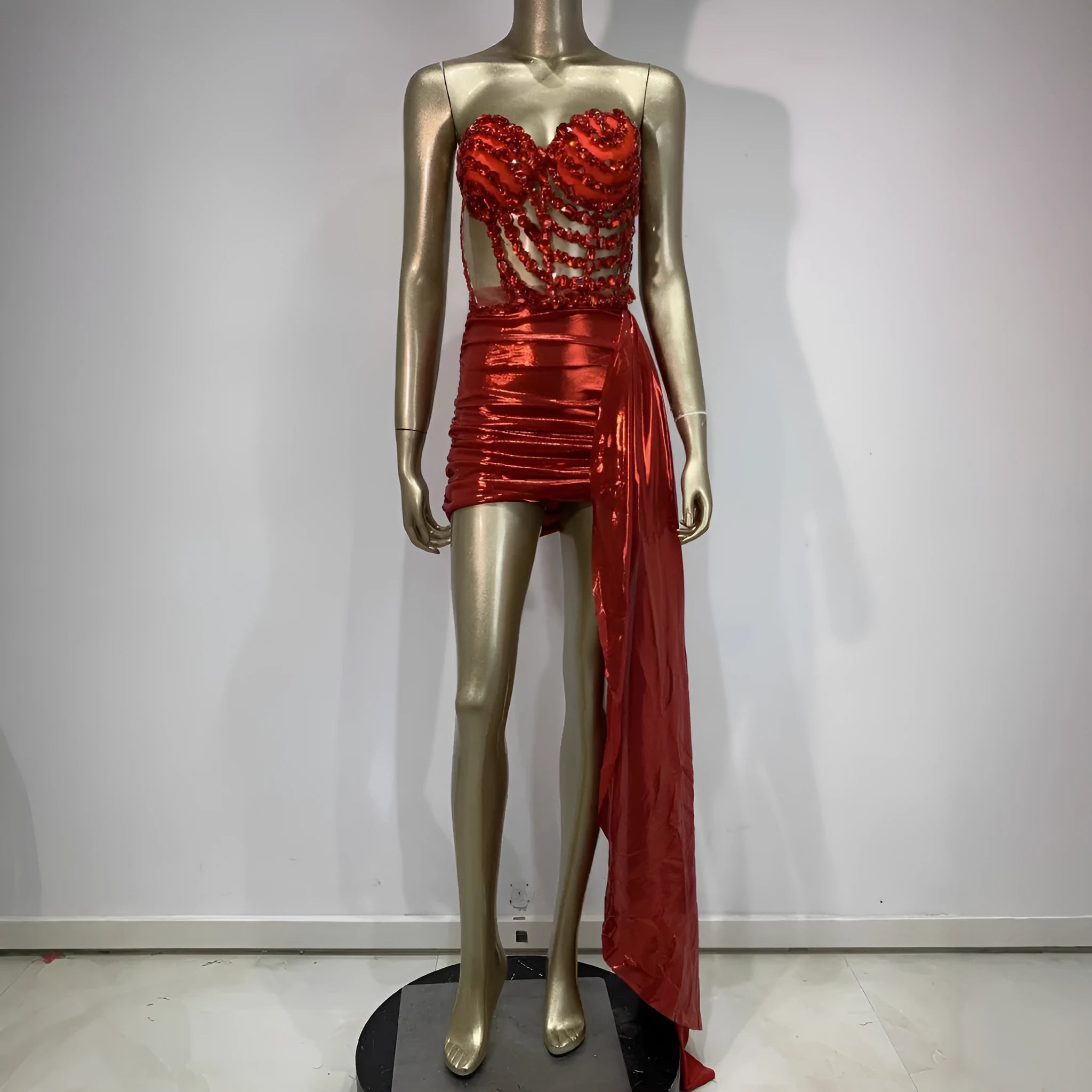 Red hollow mesh see-through women's skirt suit for stage and banquet events