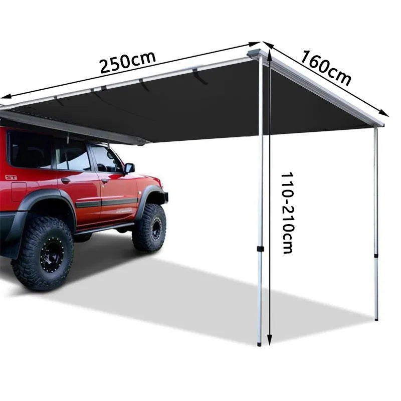 Camping tent sunshade with aluminium poles and camouflage or black glue style, set up outdoors.