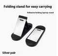 Foldable aluminum laptop bracket showing silver alloy construction and 3M adhesive backing