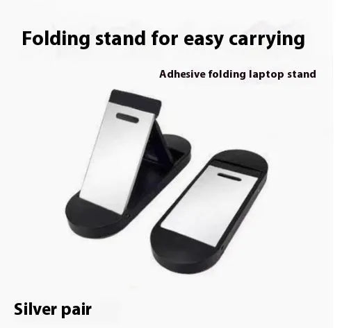 Foldable aluminum laptop bracket showing silver alloy construction and 3M adhesive backing