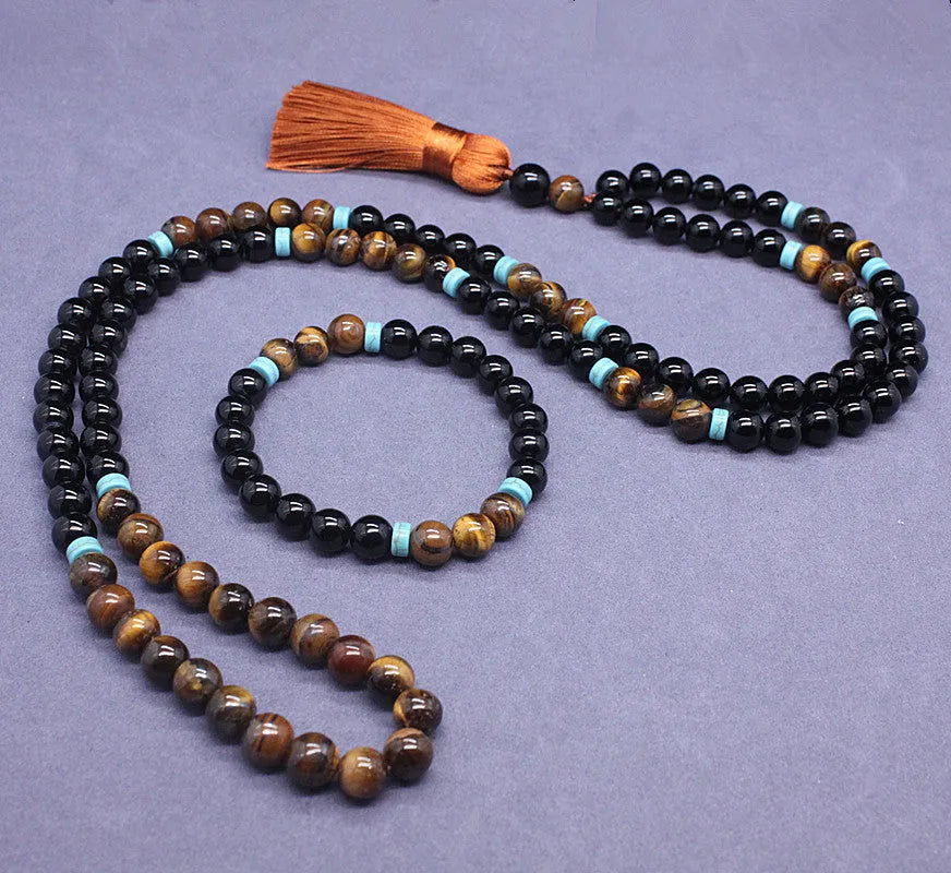 Black agate bracelet and necklace set with tiger eye stone geometric jewellery pieces