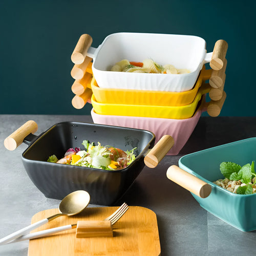 Modern porcelain ceramic serving bowl with lid in irregular shape design
