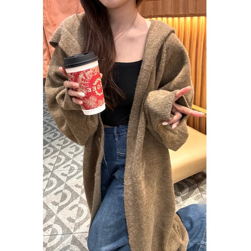 Women's long below-the-knee knitted cardigan with hood in wool blend fabric, loose fit, Korean style