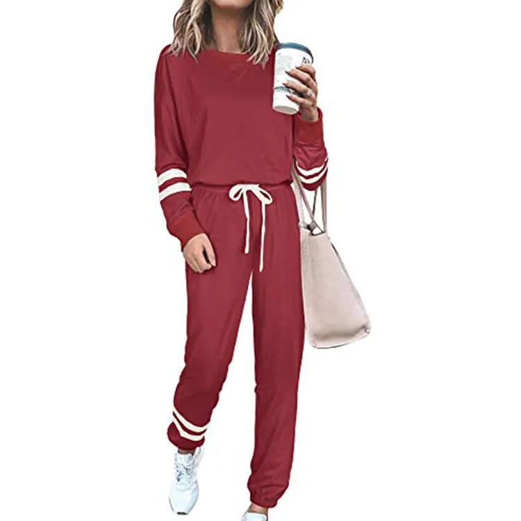 Women's loose fit solid color two-piece casual suit in apricot, black, and blue sizes S to 3XL