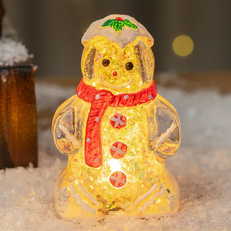 Glowing plastic gingerbread man and snowman Christmas ornament with modern design in red scarf variation