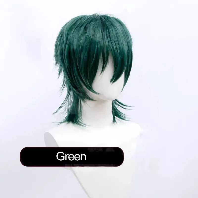 A short-style anime cosplay wig for men in a selected colour, showing its lengthened hair tail.