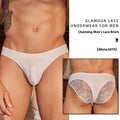 Men's black shark skin lace hip brief underwear laid flat, showing free size label.