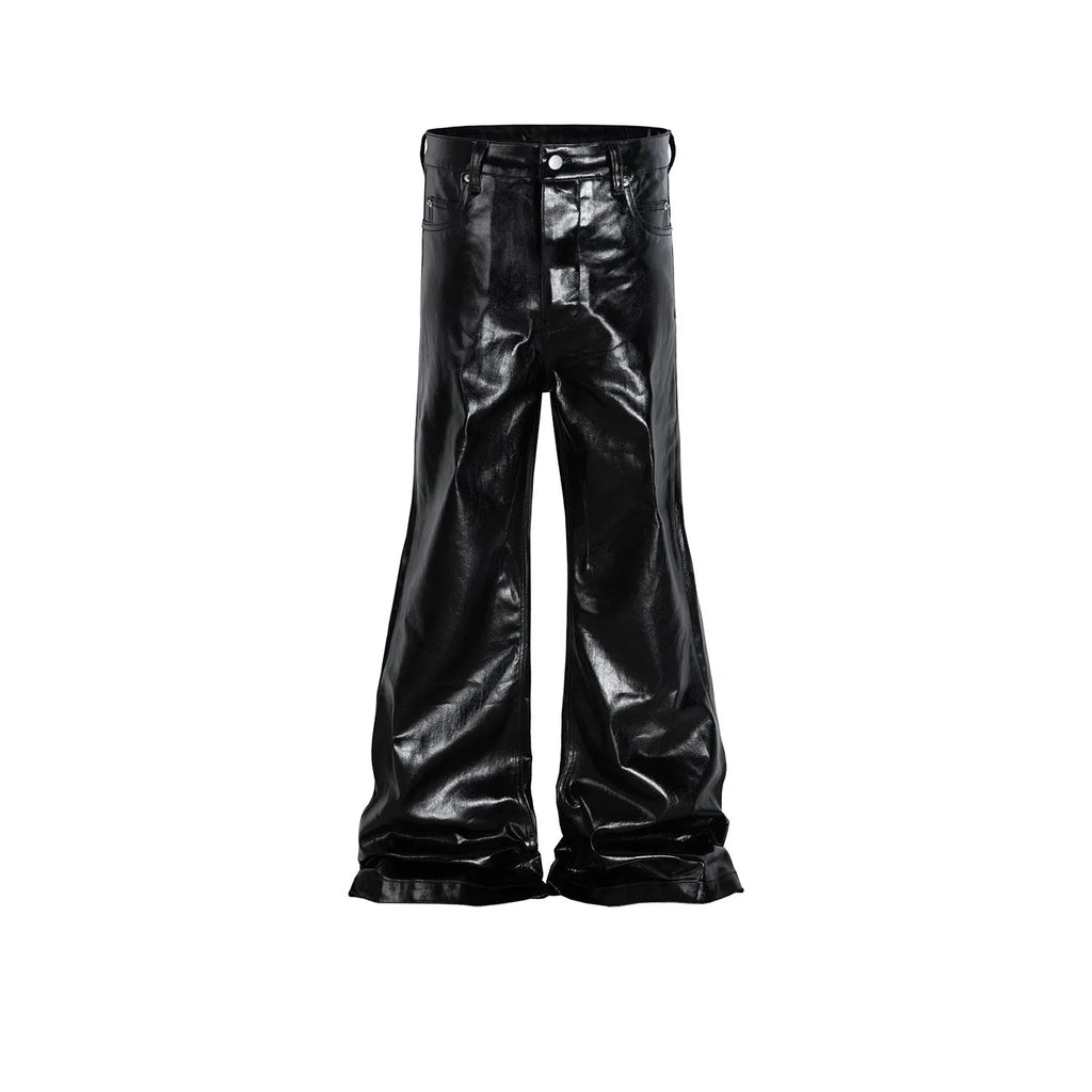 Black women's skinny jeans with a shiny patent leather coating and straight-leg style.