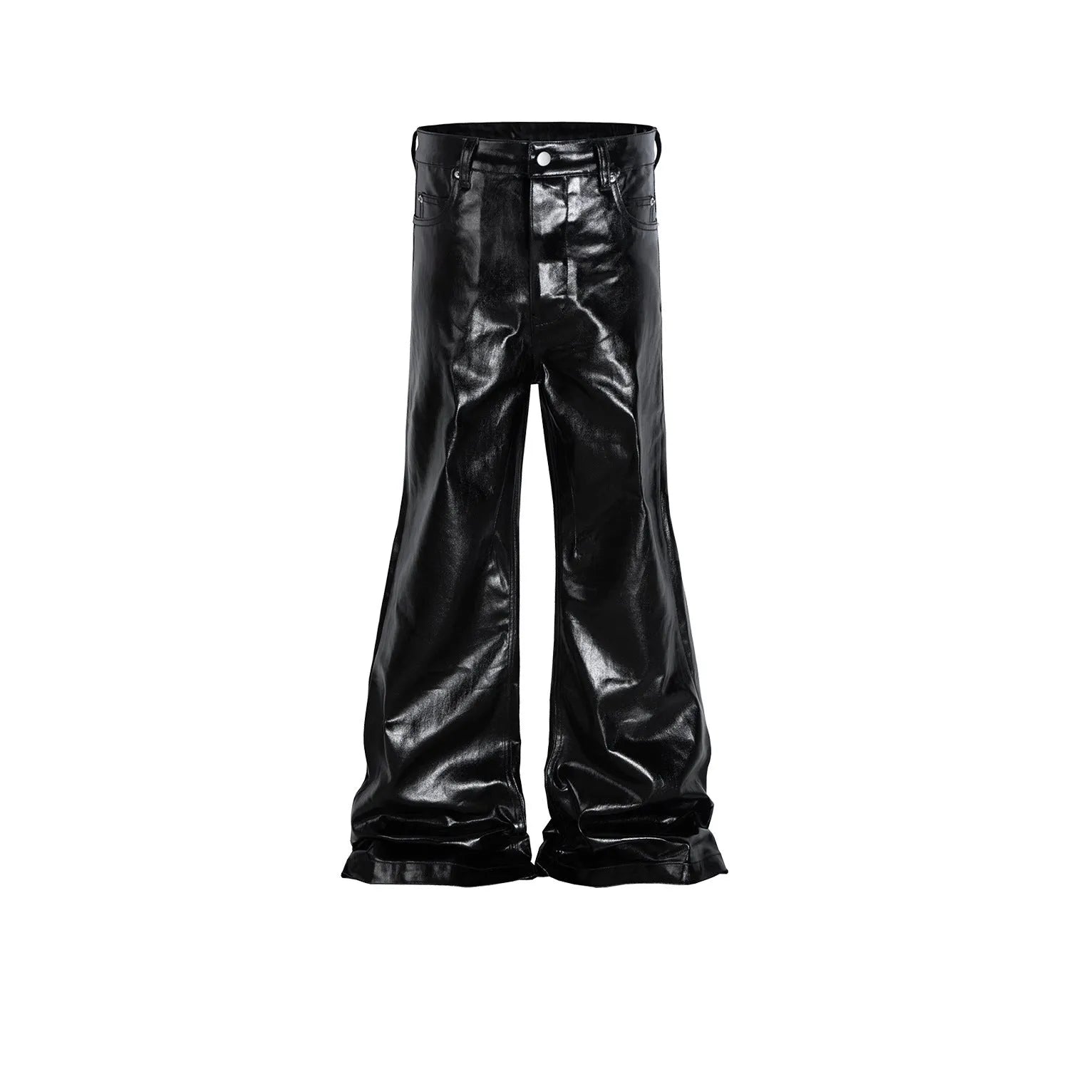 Black women's skinny jeans with a shiny patent leather coating and straight-leg style.