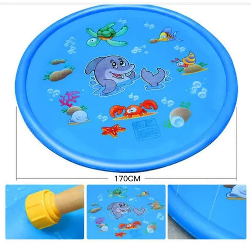 Blue PVC children's water spray play mat with marine animals, measuring 100cm by 170cm