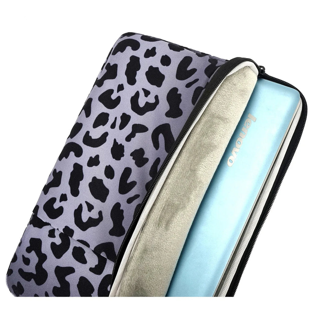 Leopard print laptop sleeve with flannel lining for 13-inch and 15.6-inch laptops