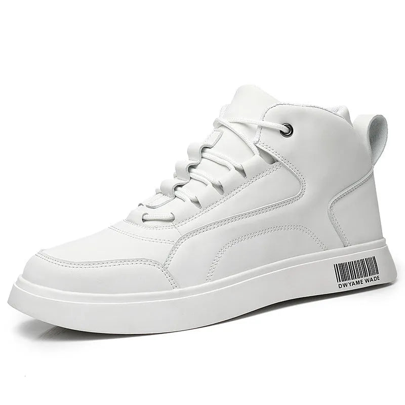 Men's white and black mid-top lace-up casual shoes with a round toe and rubber sole.