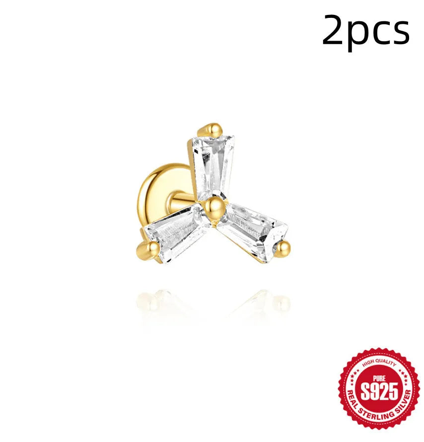 S925 sterling silver geometric chain stud earrings with inlaid zircon for double piercings in golden colour.