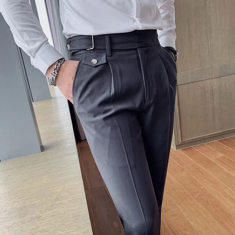Straight-leg casual trousers in solid colours including black, grey, and khaki on a neutral background.