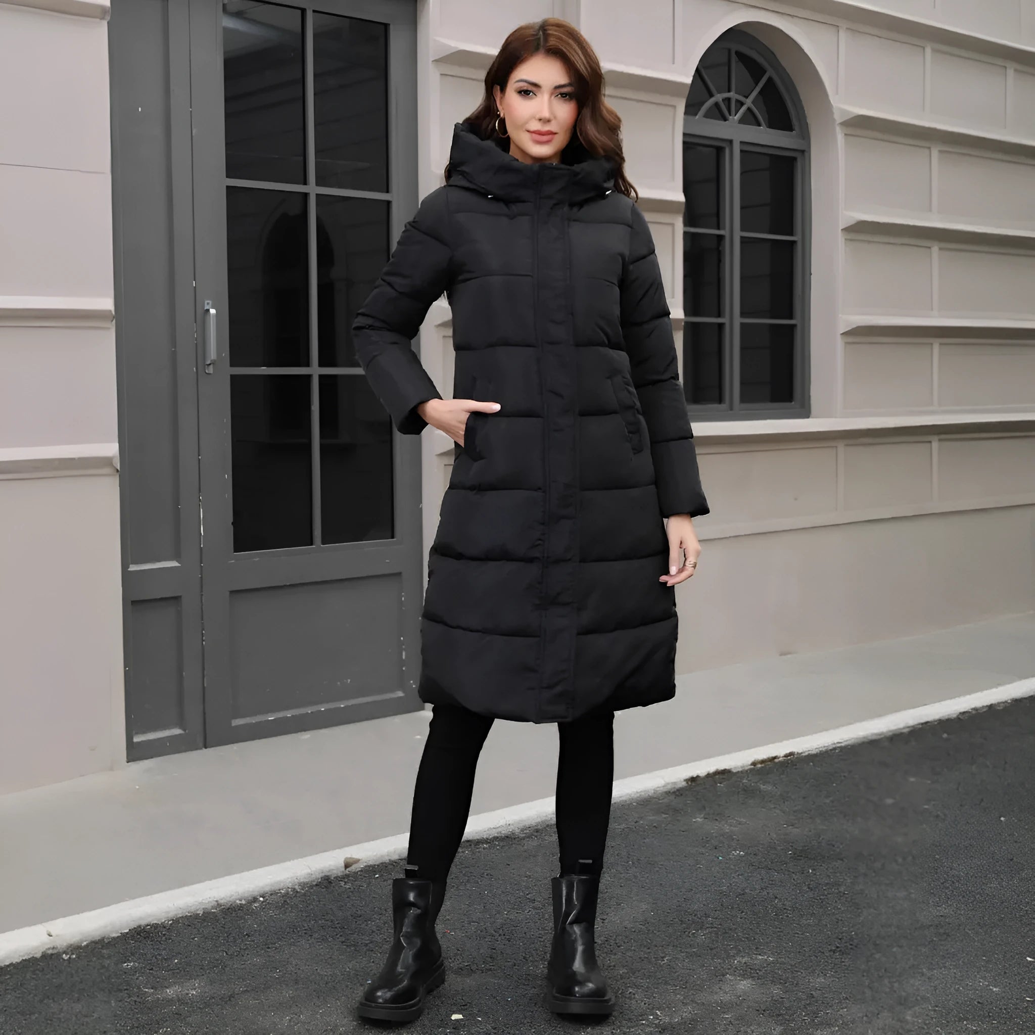 Black slim fit hooded cotton jacket with long sleeves and regular fit
