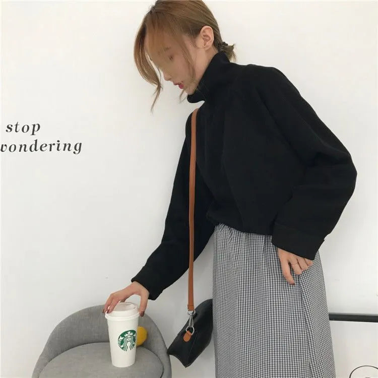 Women's loose fit long sleeve top with half-high collar in solid colour