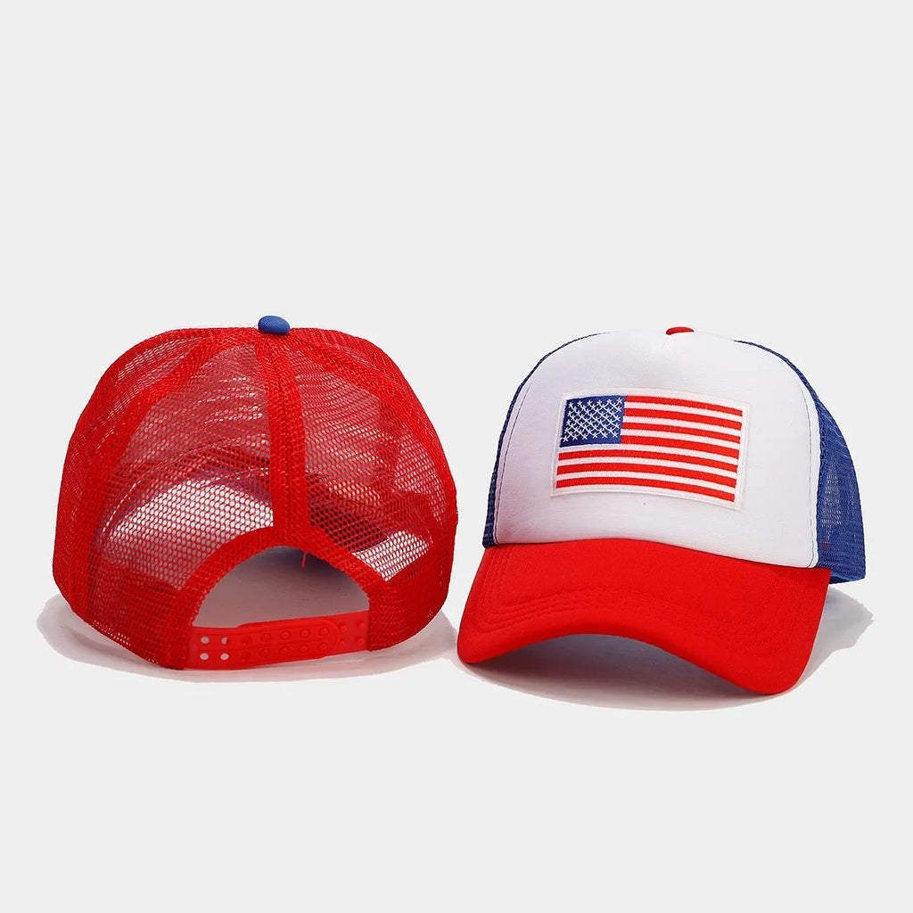 Red and blue contrast colour baseball cap with adjustable strap and mesh panels
