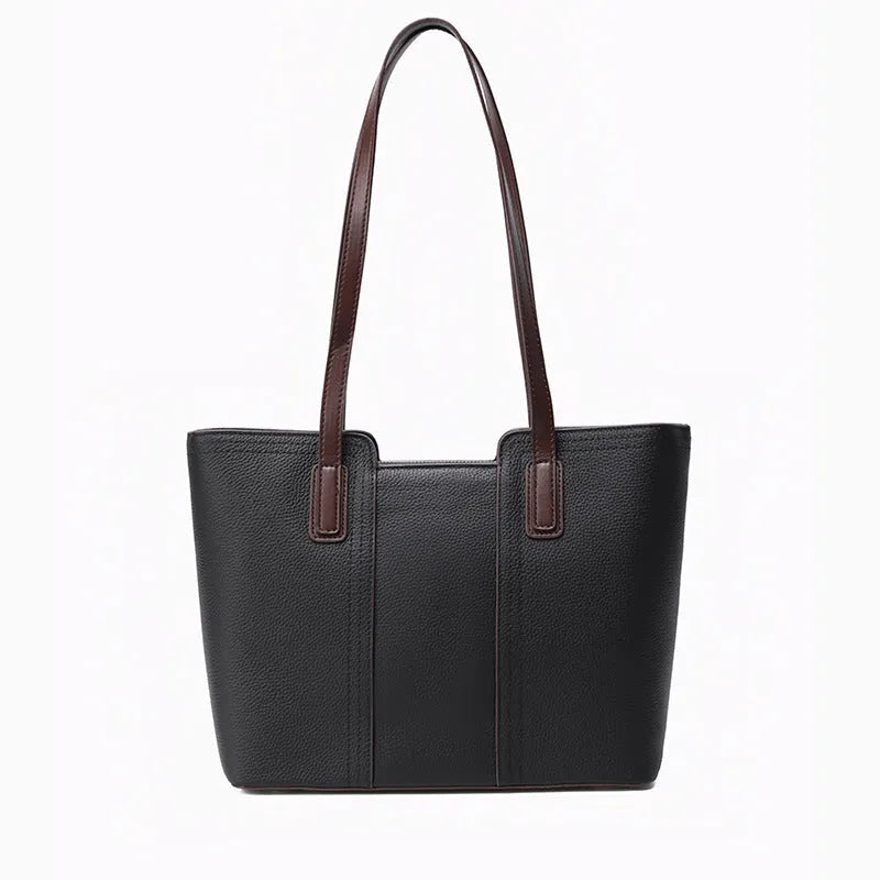 Genuine leather women's commuter shoulder bag in box-type shape with sewing line detailing and mobile phone compartment