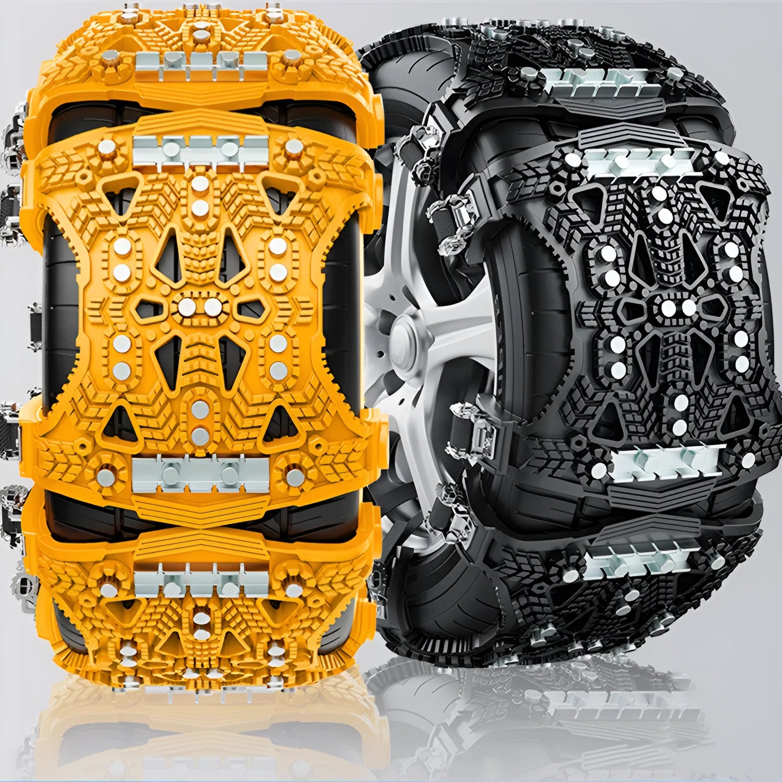 Universal black and yellow steel plate anti-skid tyre chain set with tools for car and SUV