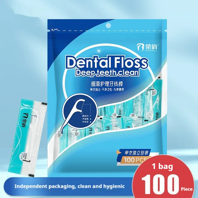 Disposable high tensile dental floss in plastic packaging with dimensions 180x238mm