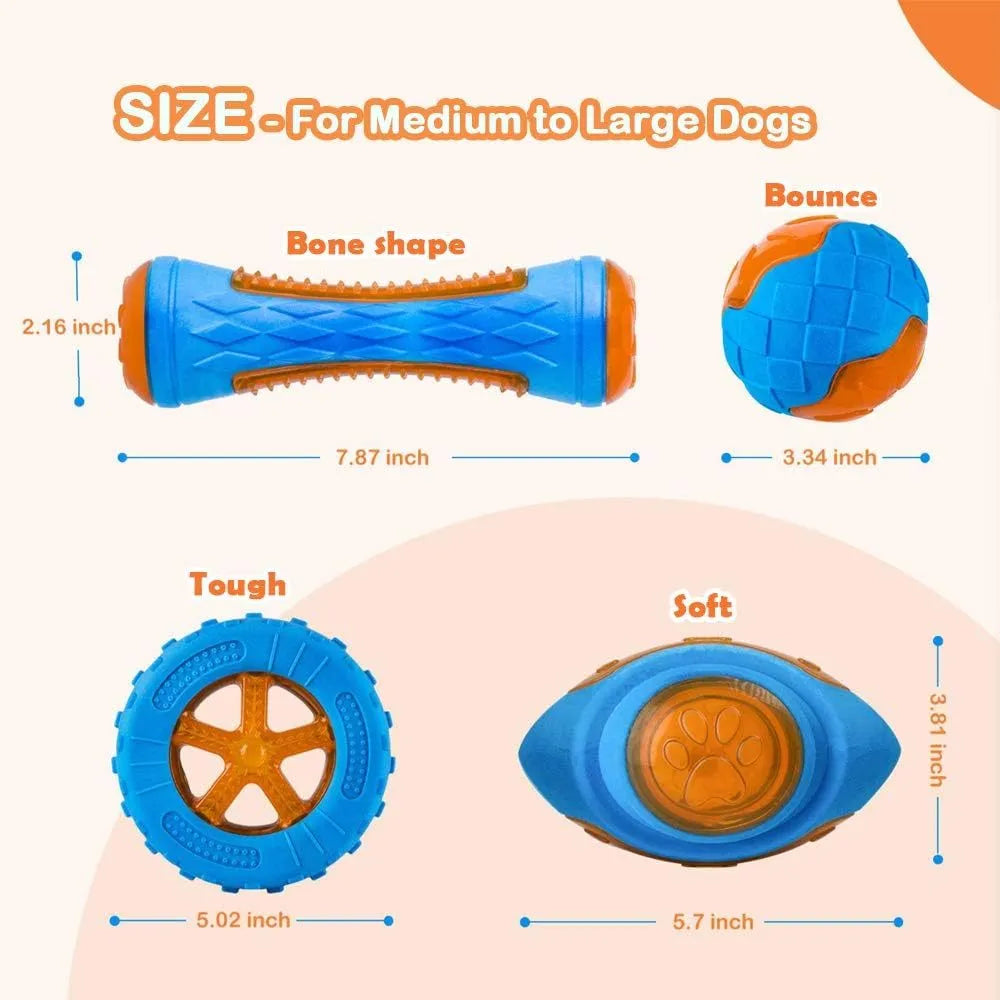 Set of three TPR dog toys: a squeaky ball, barbell and floating tires for water fetch.