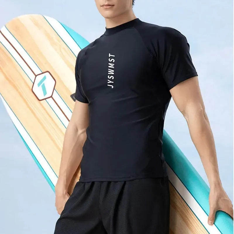Men's plus size swimming set featuring a rash guard top and matching swim shorts on a grey background.