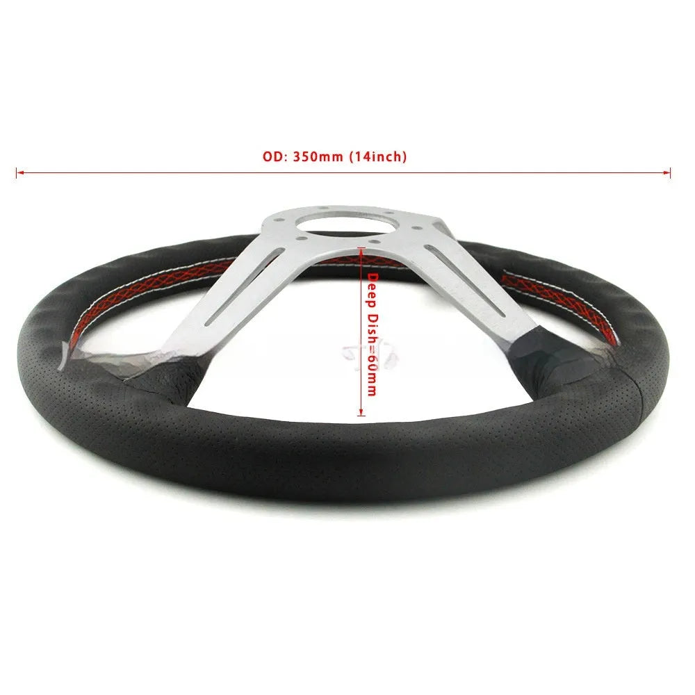14-inch leather steering wheel with concave centre section in silver black colour with skeleton frame