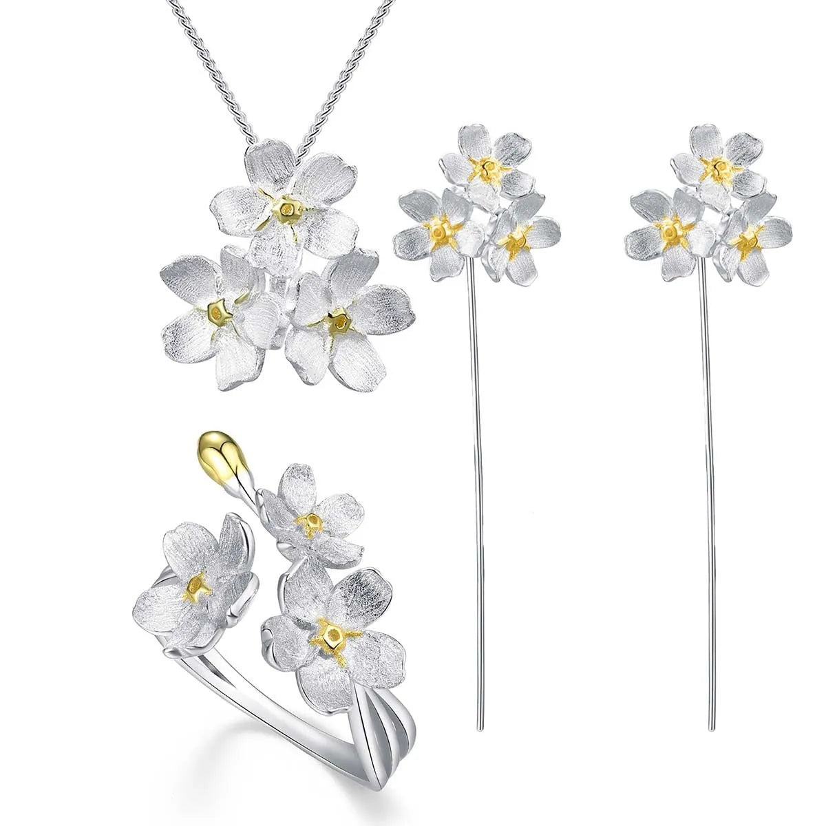 Myosotis Sylvatica forget-me-not flower sterling silver pendant with open mouth pastoral design