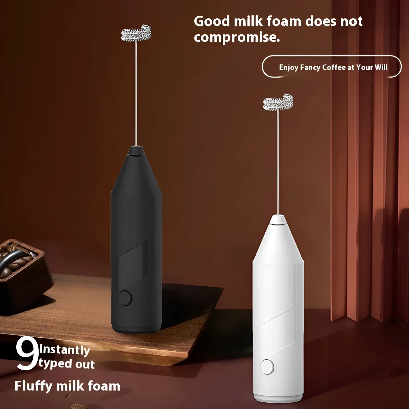 Mini handheld electric milk frother in black, white, or khaki colour with stainless steel whisk and USB port.
