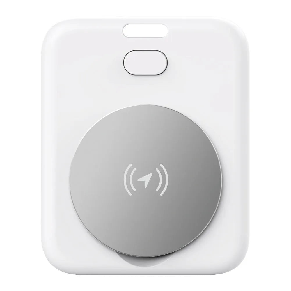 White ABS pet tracking device for Apple users showing lightweight design and portable attachment