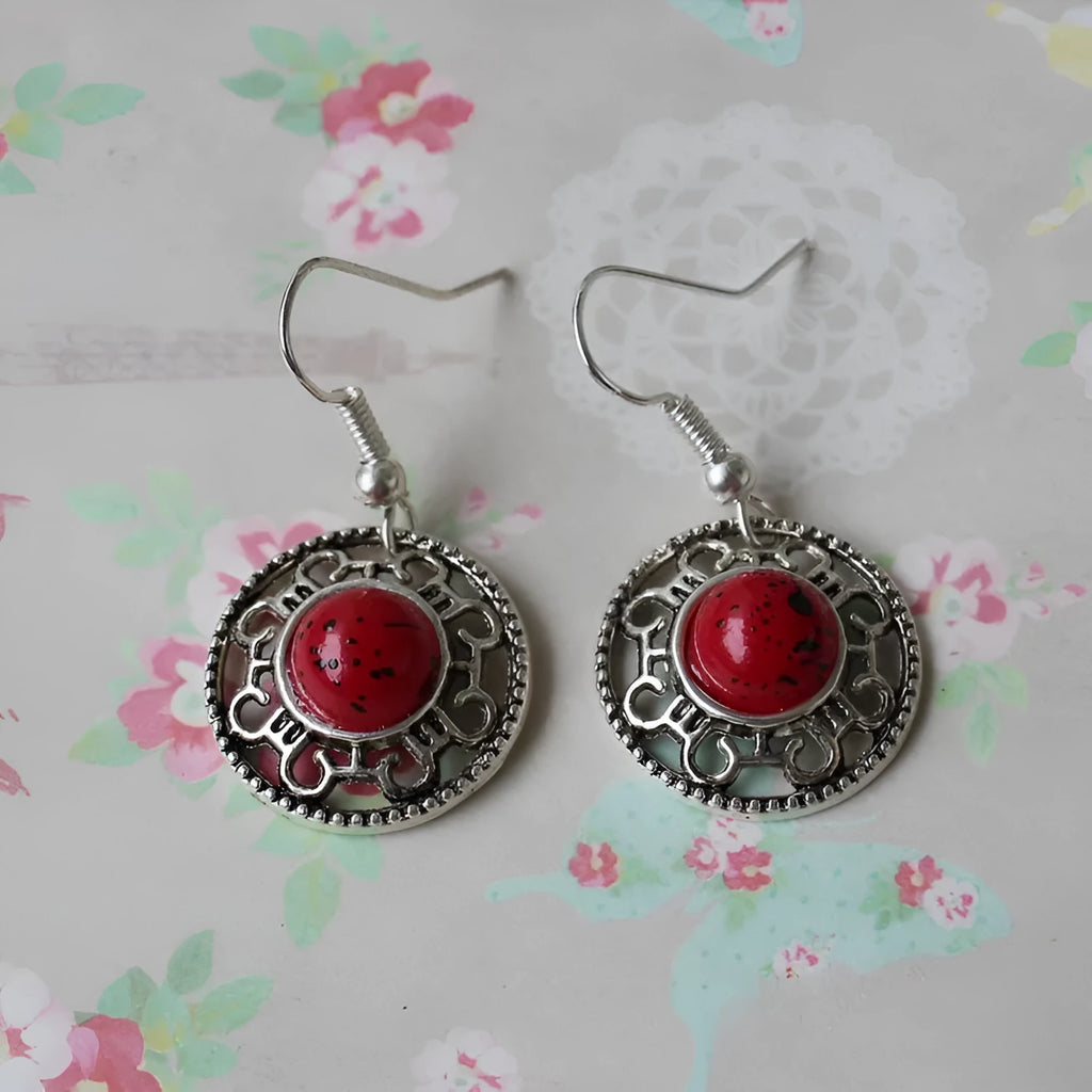 Miao silver retro turquoise flower disk earrings with geometric shape and ethnic patterns