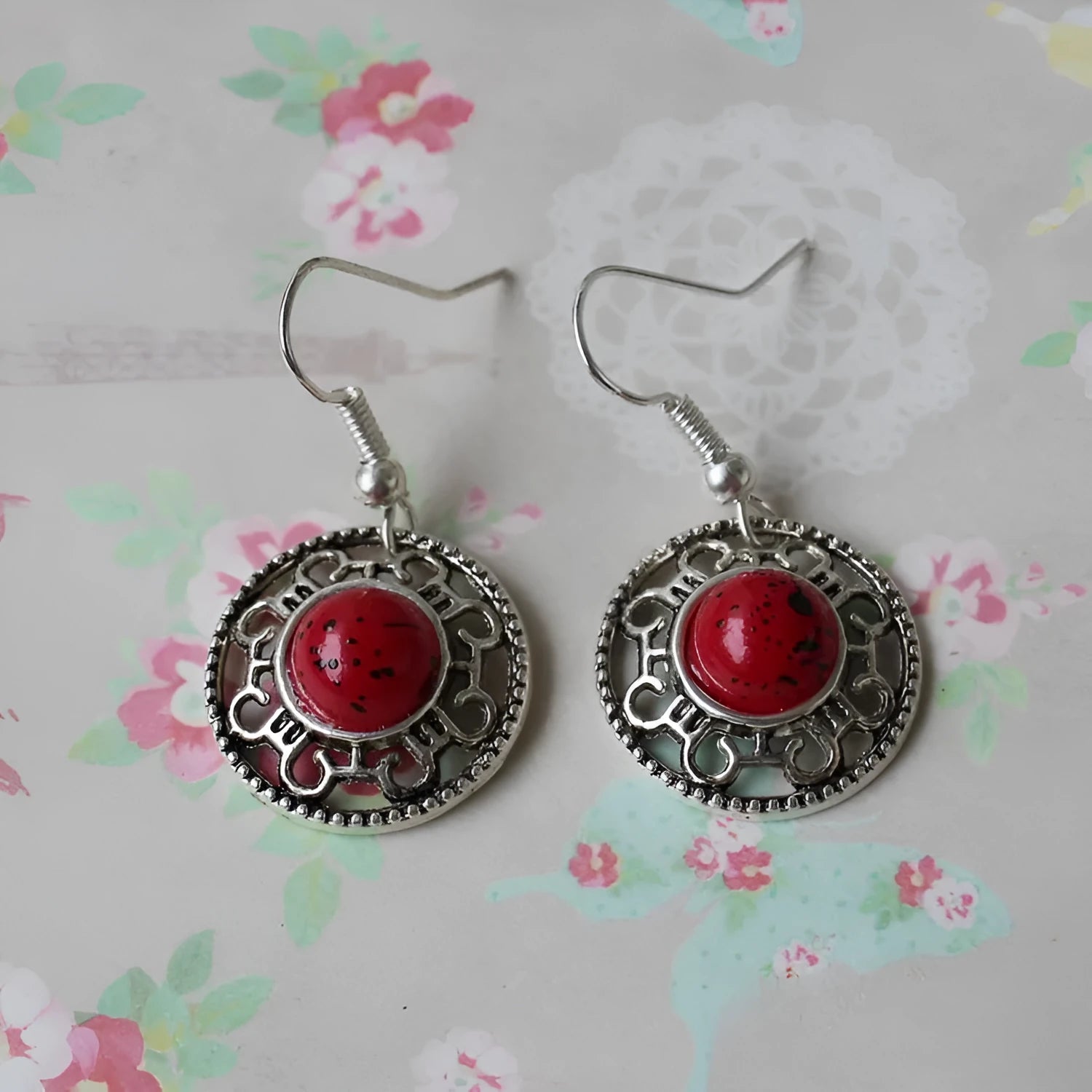 Miao silver retro turquoise flower disk earrings with geometric shape and ethnic patterns