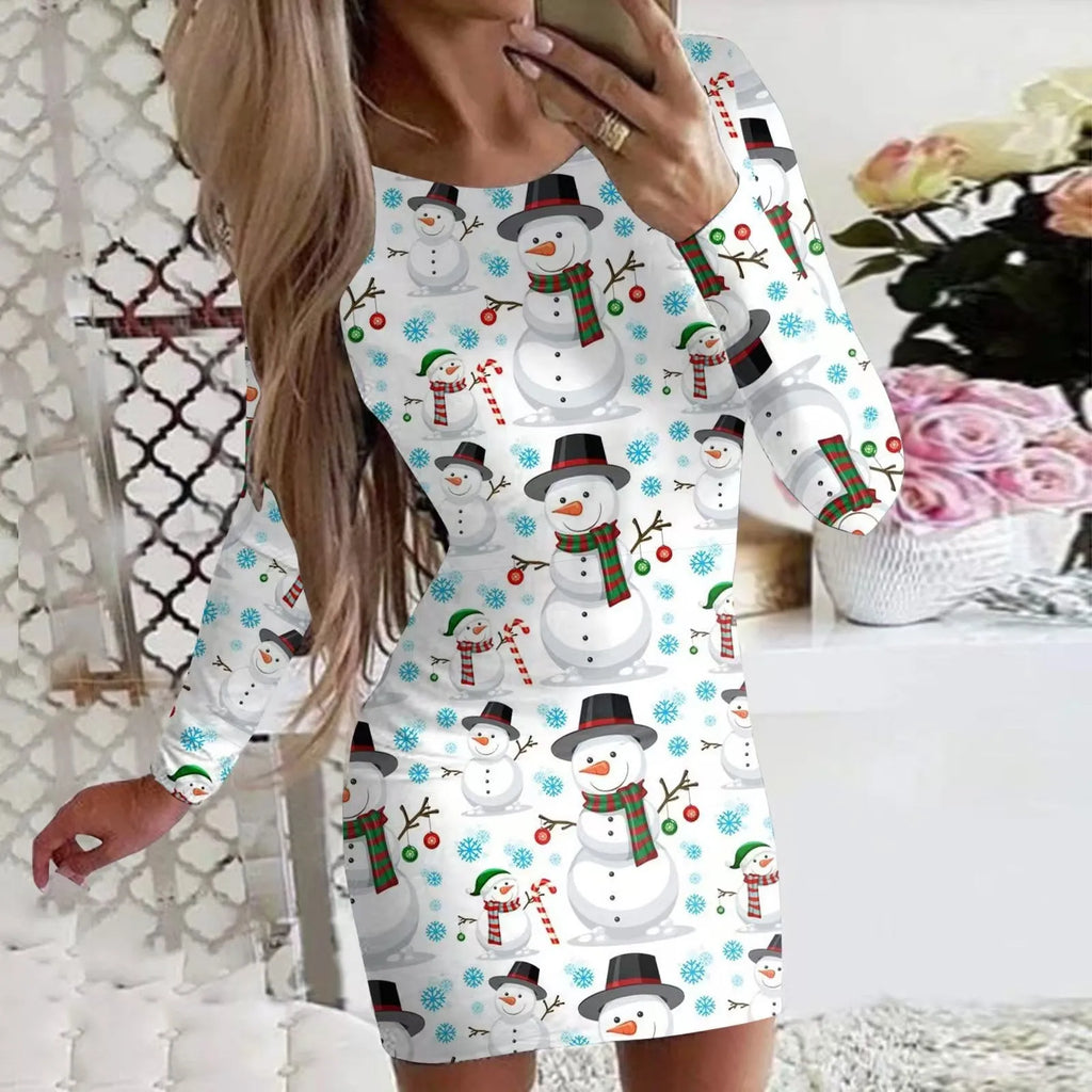 Women's tight-fitting Christmas dress with floral animal print, round neck, long sleeves, and a short hip skirt.