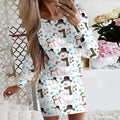 Women's tight-fitting Christmas dress with floral animal print, round neck, long sleeves, and a short hip skirt.
