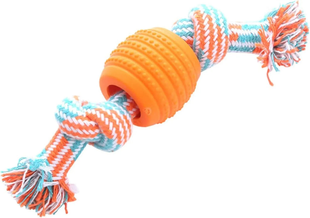 Blue dog chew toy with rope handles and textured molar surfaces for teeth cleaning