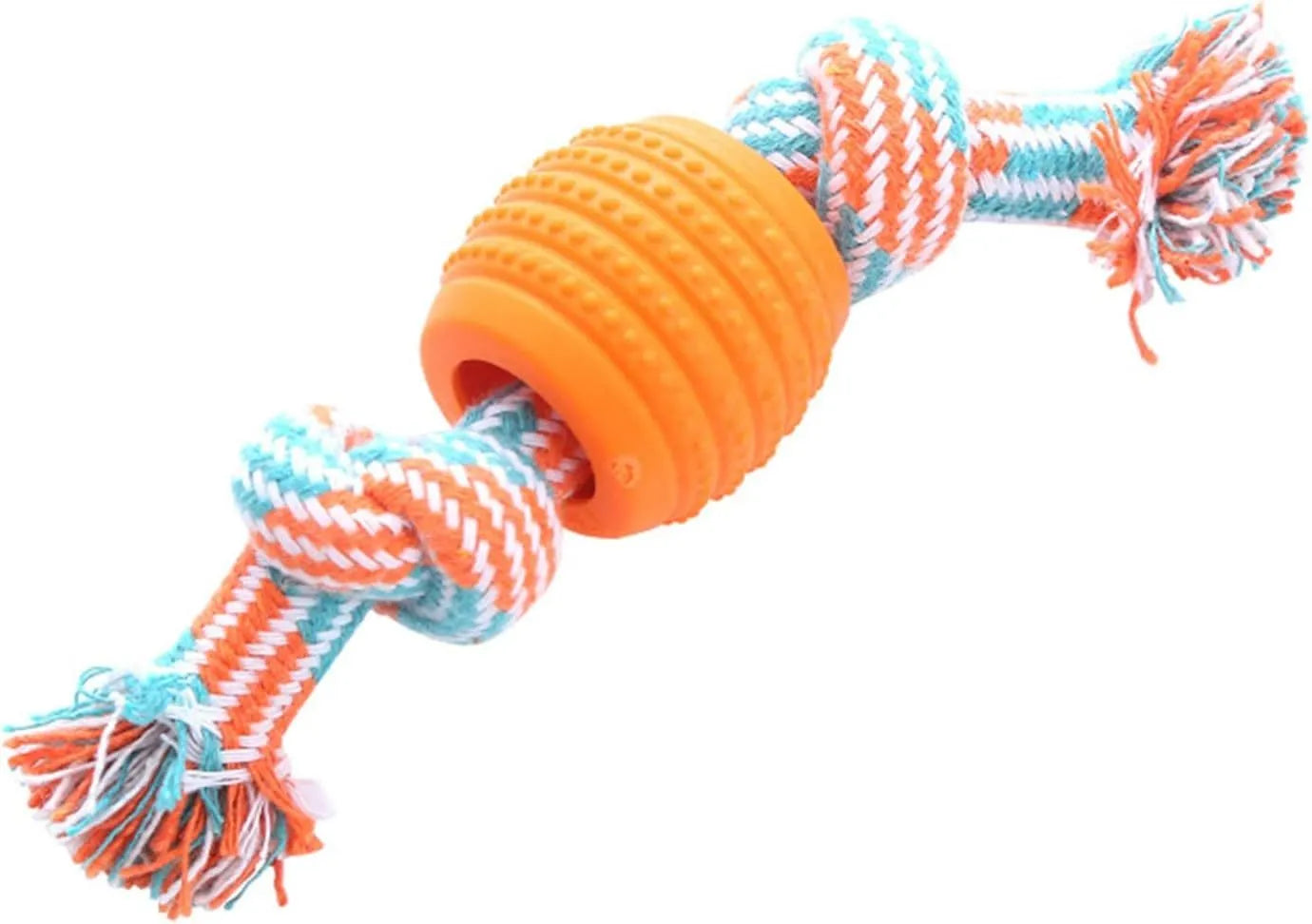 Blue dog chew toy with rope handles and textured molar surfaces for teeth cleaning
