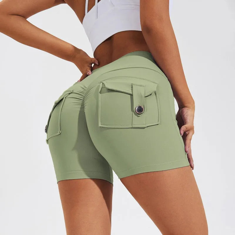 Women's high-waisted fitness shorts with pockets in various solid colours