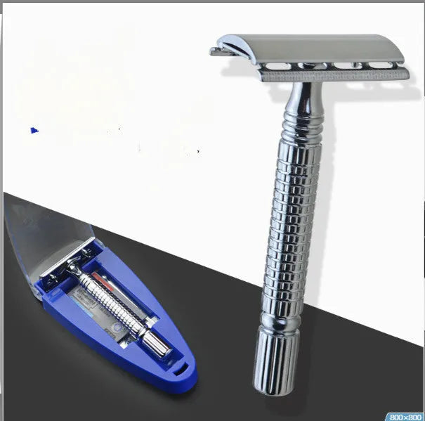 Chrome double-edged safety razor with spare blade and storage box