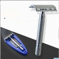 Chrome double-edged safety razor with spare blade and storage box