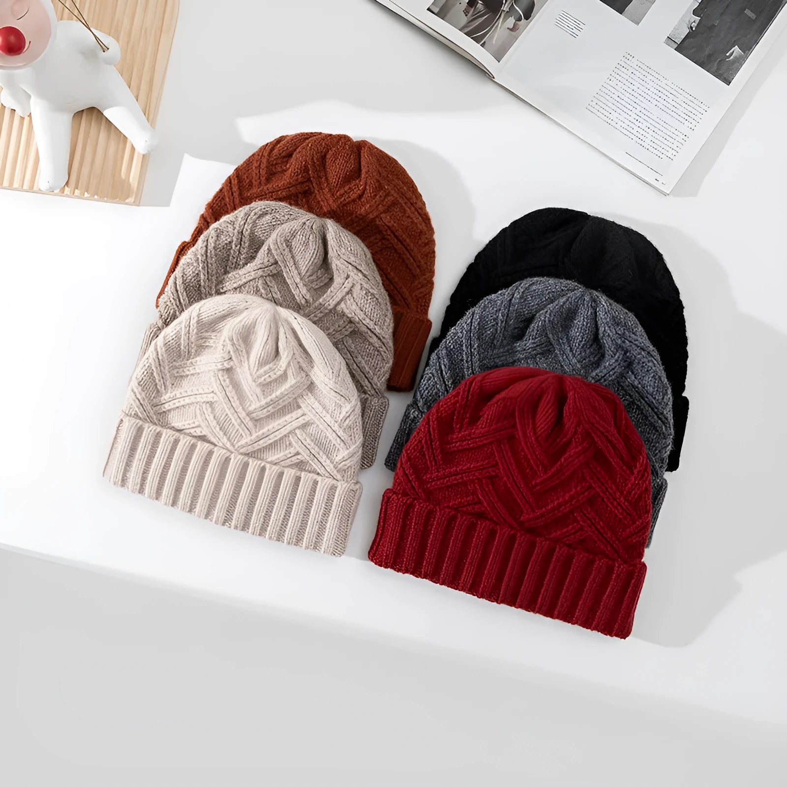 Women's wool knitted dome winter hat with a textured totem pattern.