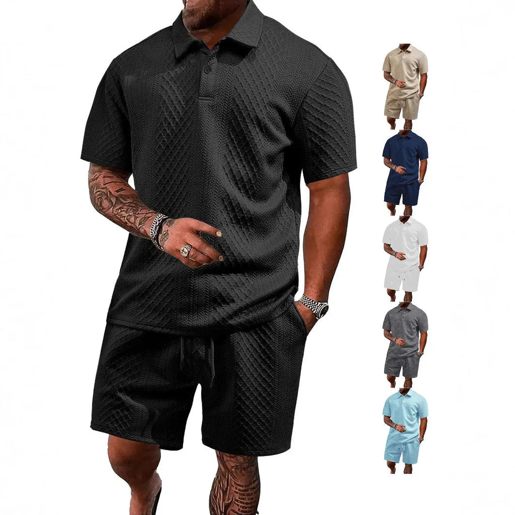 Men's casual short sleeve polo suit with matching trousers in polyester figure cloth, showing colour options.